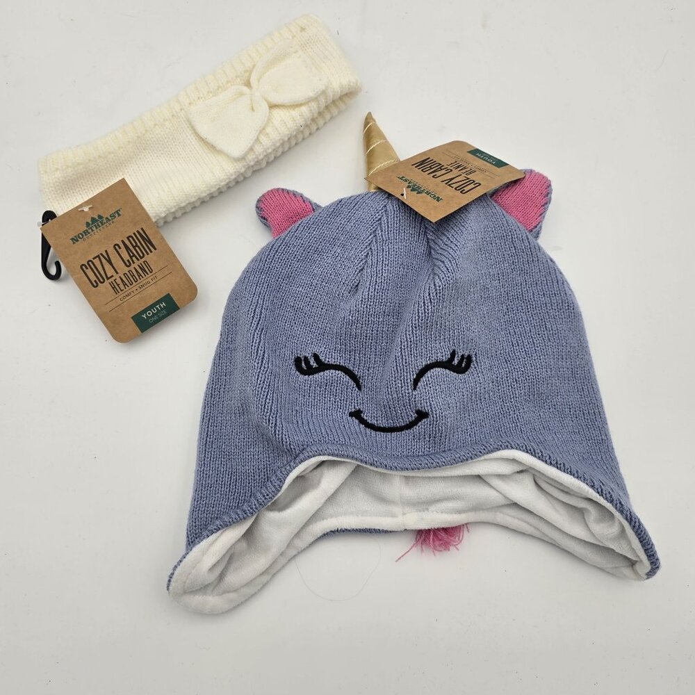 Northeast Girls Youth Unicorn Beanie & Bow Headband Cream/Purple Acrylic Lined